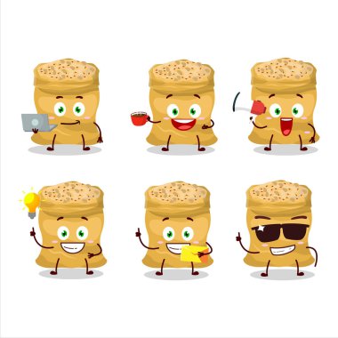 Çeşitli iş simgeleriyle soya fasulyesi çizgi film karakteri. Vektör illüstrasyonu