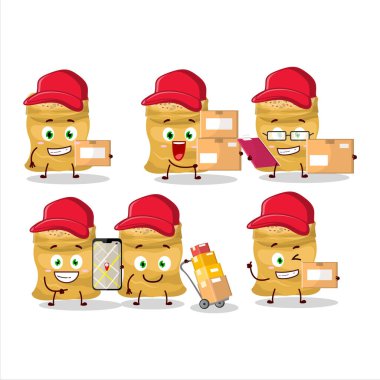 Kurye olarak çalışan soya fasulyelerinin çizgi film karakteri tasarımı. Vektör illüstrasyonu