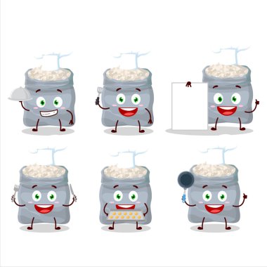 Çeşitli şef simgeleriyle beyaz fasulye çizgi film karakteri. Vektör illüstrasyonu