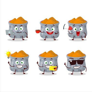 Bir kase zerdeçal çizgi film karakteri ve çeşitli iş simgeleri. Vektör illüstrasyonu