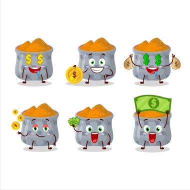 Bir kase zerdeçal çizgi film karakteri ve şirin ifadeler para getiriyor. Vektör illüstrasyonu