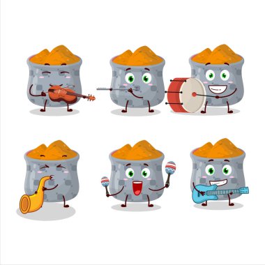 Bazı müzik enstrümanları çalan bir kâse zerdeçal çizgi film karakteri. Vektör illüstrasyonu