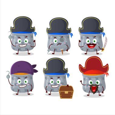 Çeşitli korsan ifadeleri olan bir kase zerdeçal çizgi film karakteri. Vektör illüstrasyonu