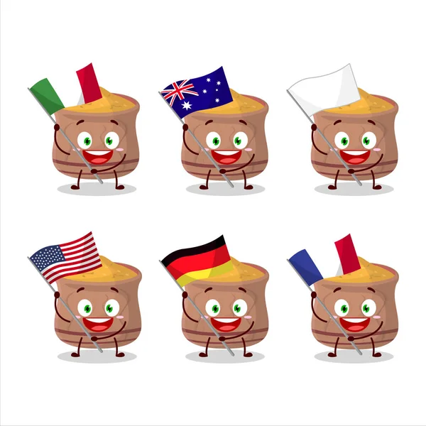 Curcuma Χαρακτήρα Κινουμένων Σχεδίων Φέρει Τις Σημαίες Των Διαφόρων Χωρών — Διανυσματικό Αρχείο