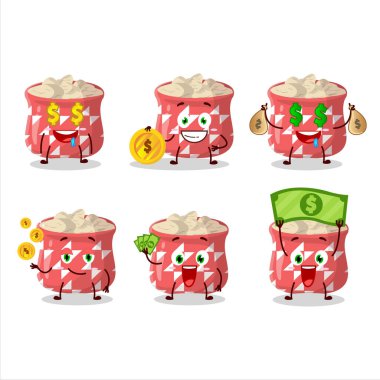 Kurutulmuş zencefilli çizgi film karakteri yanında para getiriyor. Vektör illüstrasyonu