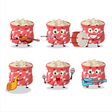 Kurutulmuş zencefilin çizgi film karakteri müzik enstrümanları çalıyor. Vektör illüstrasyonu