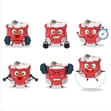 Sağlıklı bir defne yaprağı çizgi film stili Fitness Merkezi 'nde bazı aletler deniyor. Vektör illüstrasyonu