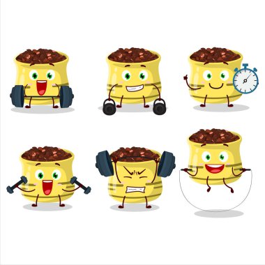 Sağlıklı bir kurutulmuş domates çizgi film stili Fitness merkezinde bazı aletler deniyor. Vektör illüstrasyonu