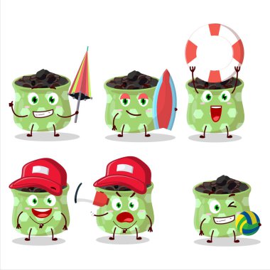 Happy Face çizgi film karakteri plajda oynuyor. Vektör illüstrasyonu