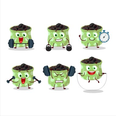 Sağlıklı bir böğürtlen çizgi film stili Fitness Merkezi 'nde bazı aletler deniyor. Vektör illüstrasyonu