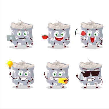 Bir kase sarımsaklı çizgi film karakteri ve çeşitli iş simgeleri. Vektör illüstrasyonu