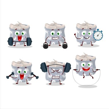 Sağlıklı bir kâse sarımsak karikatür. Spor salonunda aletler deniyorlar. Vektör illüstrasyonu