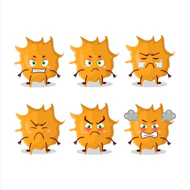 Çeşitli kızgın ifadeleri olan virüs mikrobu çizgi film karakteri. Vektör illüstrasyonu