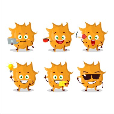 Çeşitli iş simgelerine sahip virüs mikrobu çizgi film karakteri. Vektör illüstrasyonu