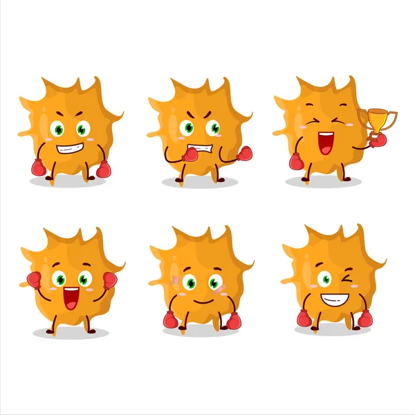 Sportif virüs mikrobu boks sporu çizgi film maskotu tasarımı. Vektör illüstrasyonu