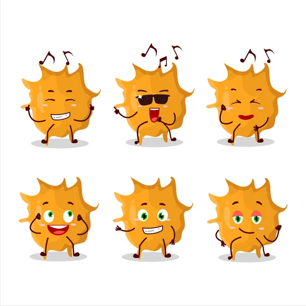 Virüs mikrobu dansçısının müzikten hoşlanan çizgi film karakteri görüntüsü. Vektör illüstrasyonu