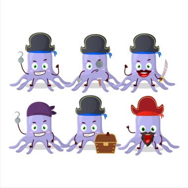 Çeşitli korsan simgeleriyle virüs böbrek yetmezliği çizgi film karakteri. Vektör illüstrasyonu