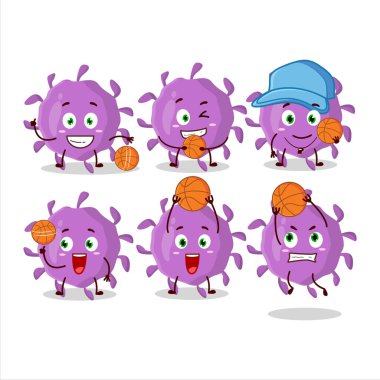 Basketbol atleti olarak yetenekli bir virüs parçacık çizgi film karakteri. Vektör illüstrasyonu