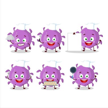 Çeşitli şef ifadeleri olan virüs parçacığının çizgi film karakteri. Vektör illüstrasyonu