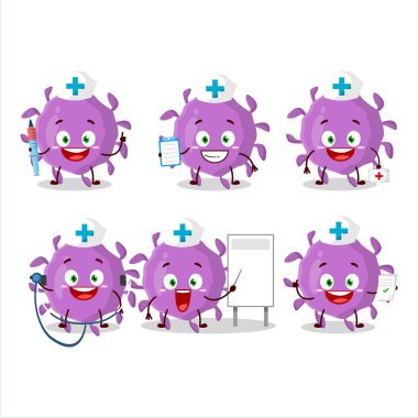 Virüs parçacığı çizgi film karakteri olan doktor mesleği simgesi. Vektör illüstrasyonu