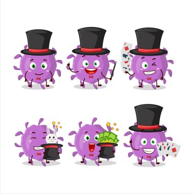 Bir virüs parçacığı sihirbaz çizgi film karakteri sahnede rol alıyor. Vektör illüstrasyonu