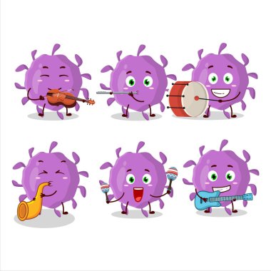 Bazı müzik enstrümanları çalan virüs parçacığının çizgi film karakteri. Vektör illüstrasyonu