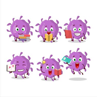 Komik bir kitap okuyan virüs parçacığı çizgi film karakteri konsepti. Vektör illüstrasyonu