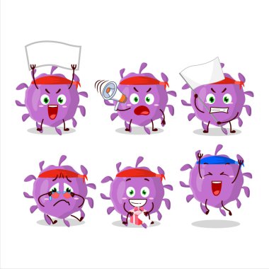 Çekici bir destekçi olarak virüs parçacık karakterinin maskot tasarımı stili. Vektör illüstrasyonu