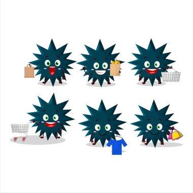 Zengin bir biyolojik tehlike virüsü maskot tasarımı. Alışverişe gidiyor. Vektör illüstrasyonu