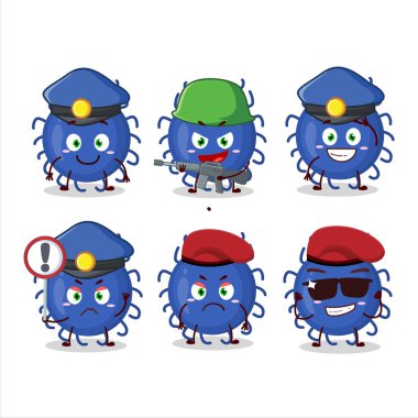 Kendini madde virüsü maskotu tasarımına adamış bir polis memuru. Vektör illüstrasyonu