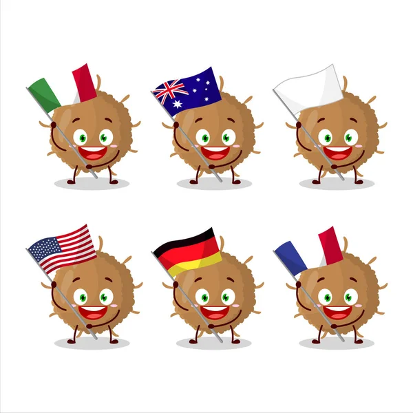 Beta Coronavirus Cartoon Character Bring Flags Various Countries Vector Illustration — Stock Vector
