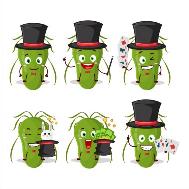 Bulaşıcı bir büyücü çizgi film karakteri sahnede performans sergiliyor. Vektör illüstrasyonu