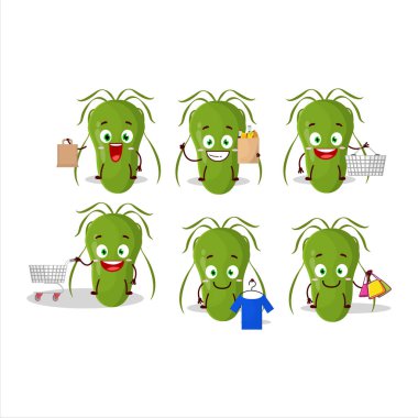 Zengin bulaşıcı bir maskot tasarımı alışverişe çıkıyor. Vektör illüstrasyonu