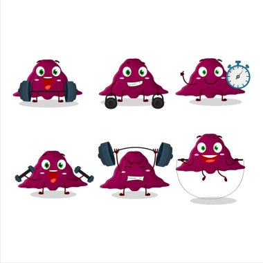 Sağlıklı bir delta kovirüs çizgi film stili fitness merkezinde bazı aletler deniyor. Vektör illüstrasyonu