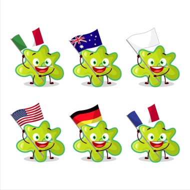 Nyctacovirus çizgi film karakteri çeşitli ülkelerin bayraklarını getiriyor. Vektör illüstrasyonu