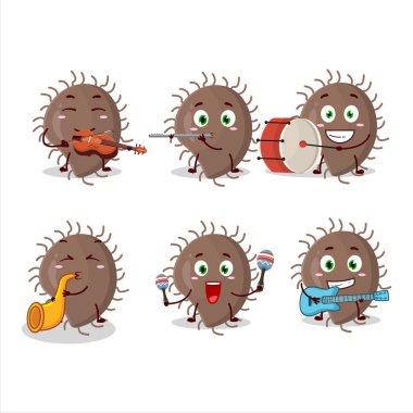 Koronaviridae çizgi film karakteri bazı müzik enstrümanları çalıyor. Vektör illüstrasyonu