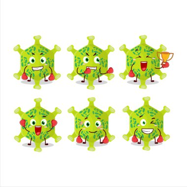 Sportif nobecovirus boks sporu çizgi film maskotu tasarımı. Vektör illüstrasyonu