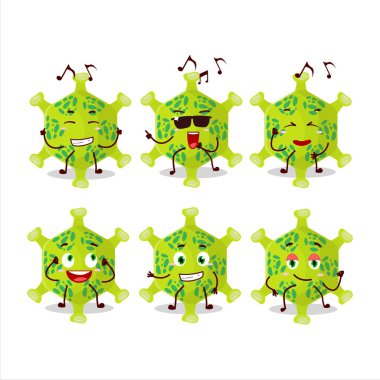 Müzikten hoşlanan nobecovirus dansçısı çizgi film karakteri. Vektör illüstrasyonu