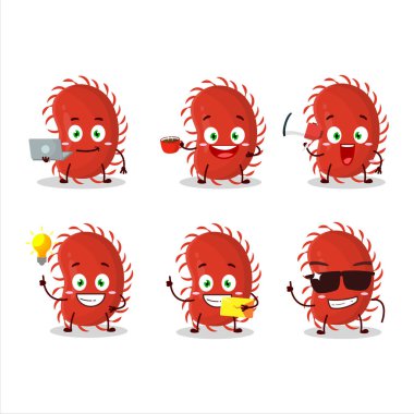 Çeşitli iş simgelerine sahip Picornaviridae çizgi film karakteri. Vektör illüstrasyonu