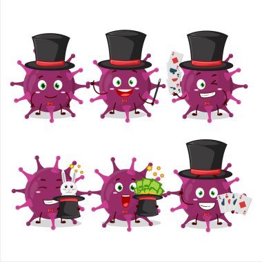 Bir Coronaviridae Sihirbaz çizgi film karakteri sahnede gösteri yapıyor. Vektör illüstrasyonu