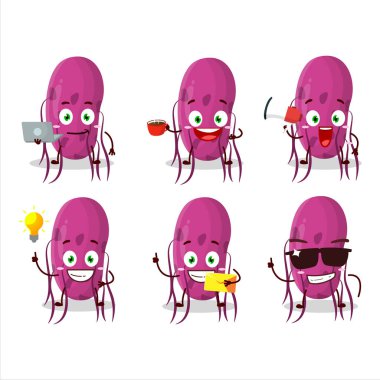 Çeşitli iş simgelerine sahip Virüs Molekül çizgi film karakteri. Vektör illüstrasyonu