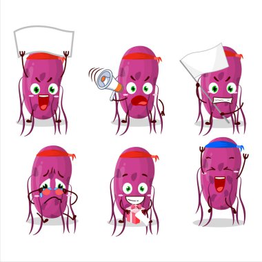 Çekici bir destekçi olarak virüs molekül karakterinin maskot tasarımı stili. Vektör illüstrasyonu