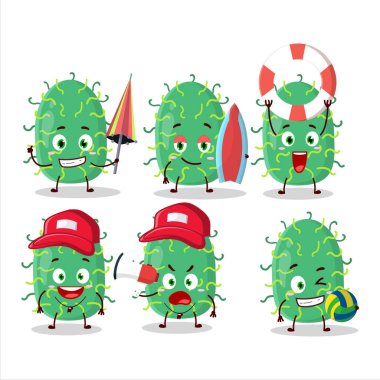 Happy Face zigot virüsü karikatür karakteri sahilde oynuyor. Vektör illüstrasyonu