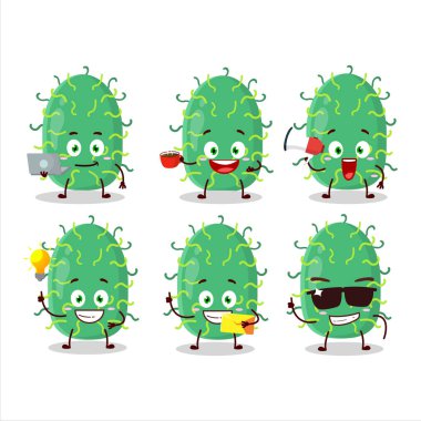 Zigot virüsü karikatür karakteri ve çeşitli iş simgeleri. Vektör illüstrasyonu