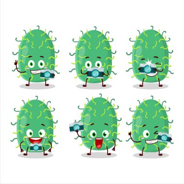 Zigot virüsü çizgi film karakteri ile fotoğrafçılık mesleği simgesi. Vektör illüstrasyonu