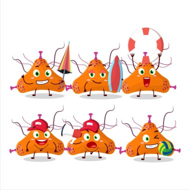 Happy Face bakteri virüsü karikatür karakteri sahilde oynuyor. Vektör illüstrasyonu