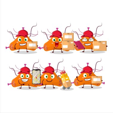 Kurye olarak çalışan bakteri virüsünün çizgi film karakteri tasarımı. Vektör illüstrasyonu