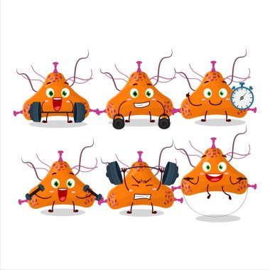 Sağlıklı bir bakteri virüsü çizgi film stili Fitness Merkezi üzerinde bazı aletler deniyor. Vektör illüstrasyonu