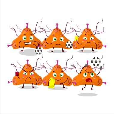 Bakteri virüsü çizgi film karakteri futbol hakemi olarak çalışıyor. Vektör illüstrasyonu