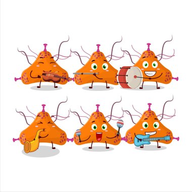 Bazı müzik enstrümanları çalan bakteri virüsünün çizgi film karakteri. Vektör illüstrasyonu